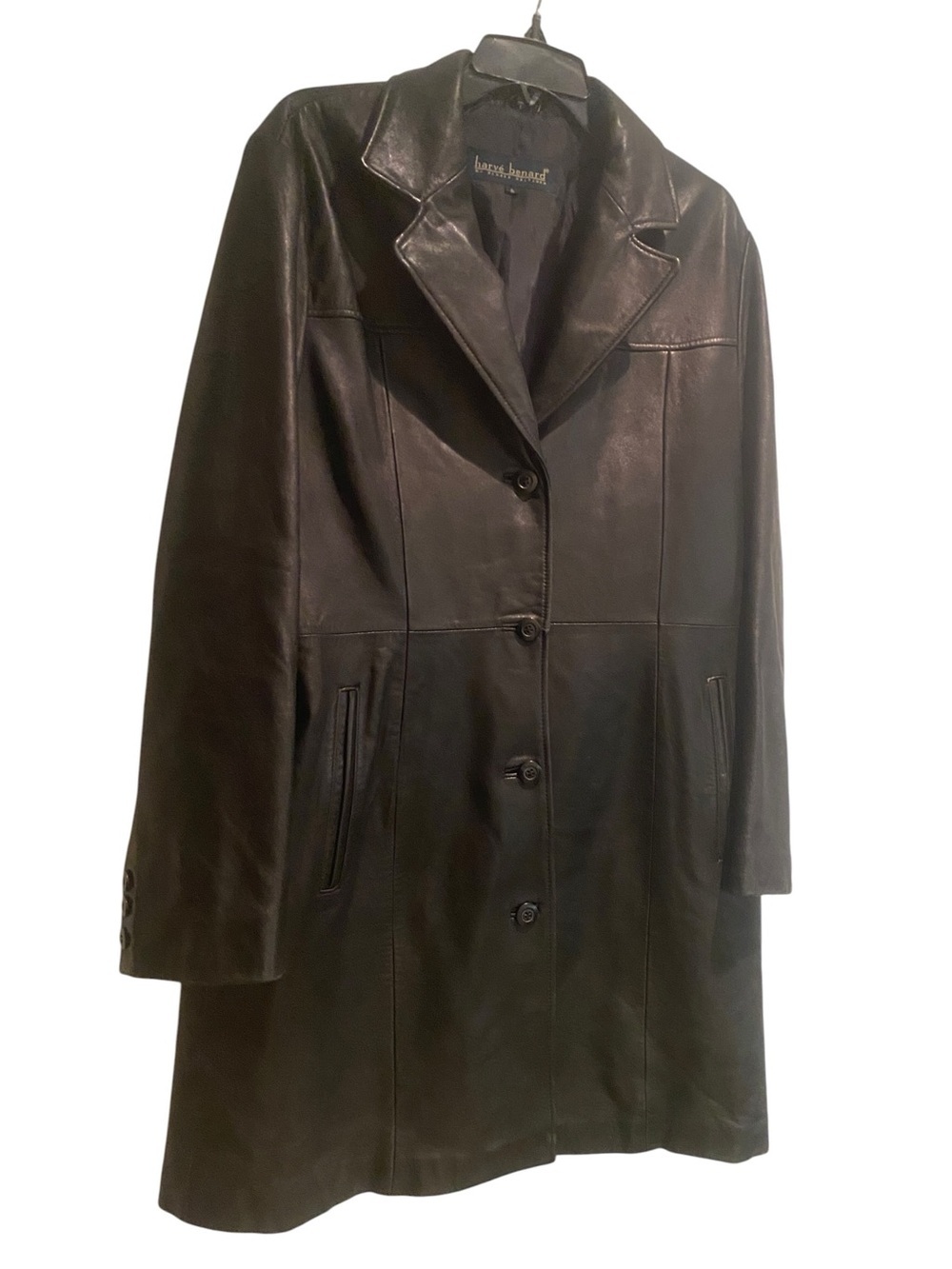 Harve Bernard Women’s Black Leather Mid length Button Front Coat Like New large